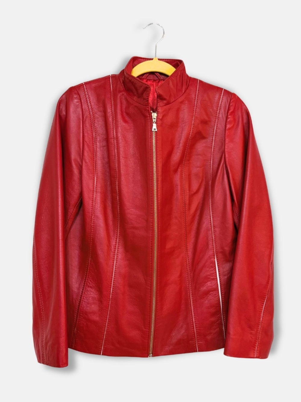 Vintage 90s Red White Leather Moto Jacket Women's Large Y2K Retro Cafe Racer